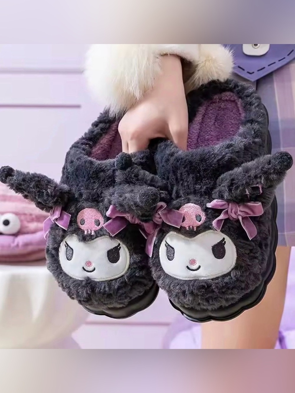 Plush Sanrio Kuromi Dark grey slippers - Paid 45, Brand new